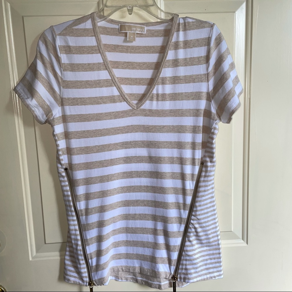 Michel Kors Tan White Stripe Gold Front Zippers Short Sleeve V Neck Shirt